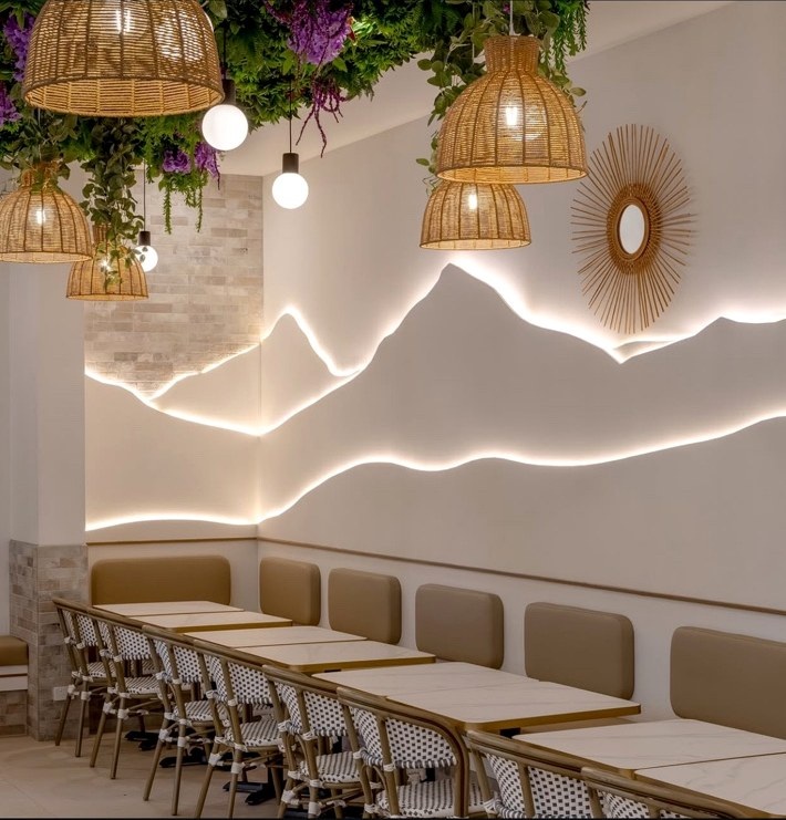 Zaatarland Bakery seating and feature lighting