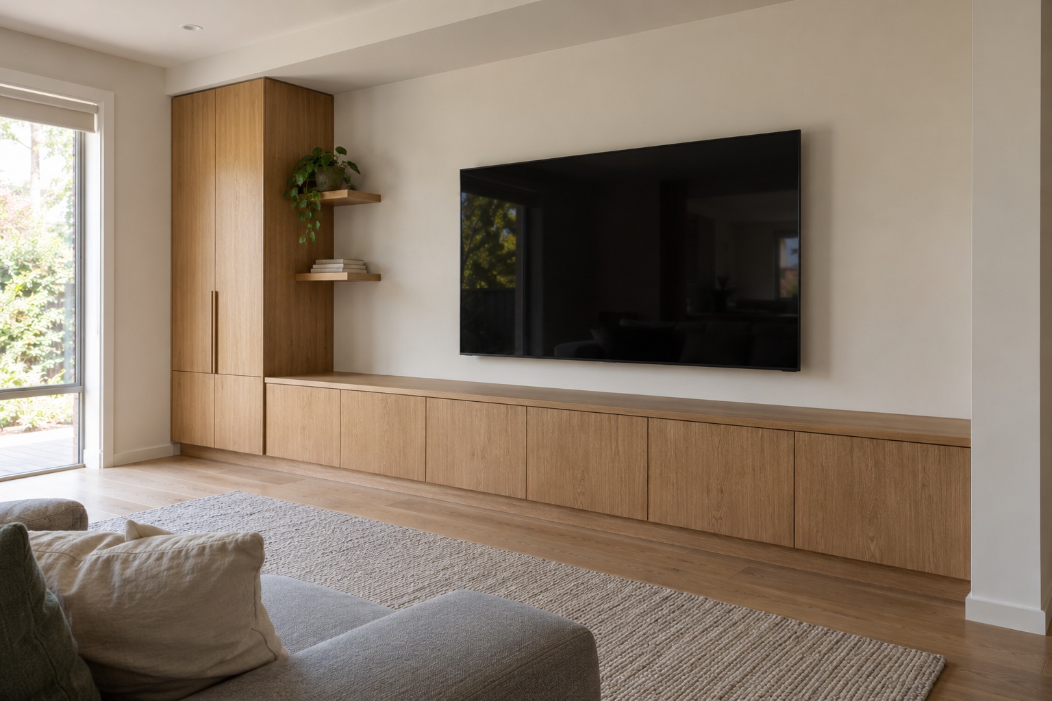 Oak media wall and built-in storage — residential design inspiration
